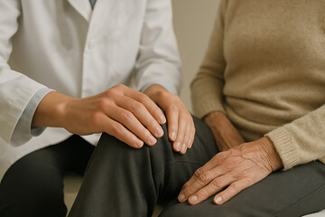 Obraz premium Close-up of a healthcare professional examining an elderly patient’s knee with a gentle touch.