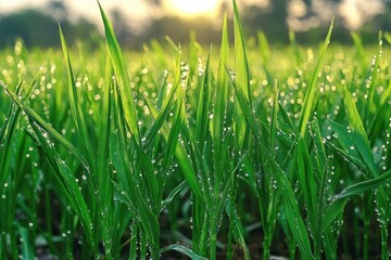 Obraz premium Close-up of green grass blades covered with morning dew under soft sunlight with blurred background