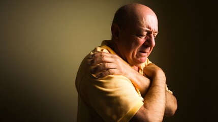 Middle-aged man with a strained expression, warm lighting highlighting his discomfort and tension.