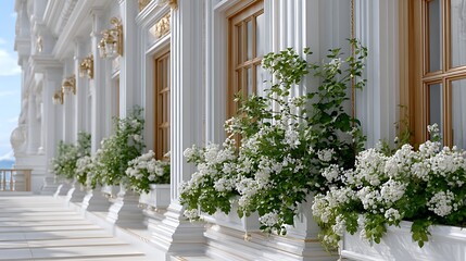 Fototapeta premium Minimalist White House Concept Art with Flower Boxes and Elegant Details