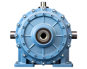 Large blue industrial gearbox for heavy-duty machinery and equipment on a transparent background