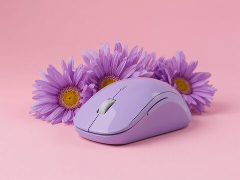 Lavender computer mouse with purple aster flowers technology