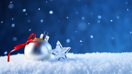 Golden bauble red ribbon glass star snow Christmas ornament