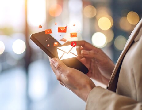 Woman's hands holding a smartphone, glowing email icons floating above it