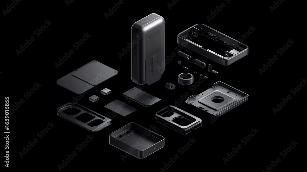 Fototapete exploded view tech gadget components with 3d render.