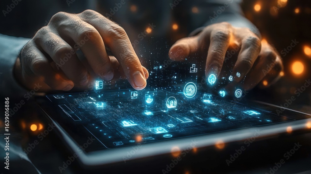 Poster close-up of hands interacting with a digital tablet displaying floating holographic technology icons