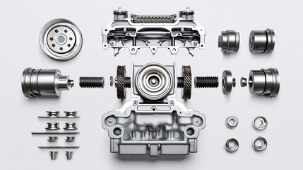 Exploded View Engine Parts with Auto Mechanic, and Repair.