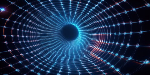 Glowing blue and orange digital wireframe tunnel with a circular black void in the center, evoking futuristic and high-tech energy and depth