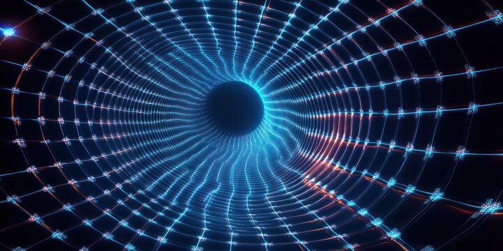 Glowing blue and orange digital wireframe tunnel with a circular black void in the center, evoking futuristic and high-tech energy and depth - Powered by Adobe