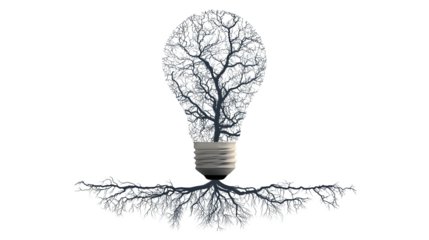 Vector silhouette of light bulb with branching roots and stem, filled style, concept of knowledge growth