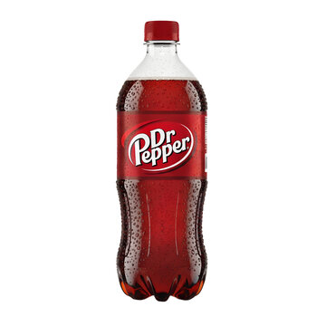 plastic dr pepper bottle, carbonated soda product packshot on white


