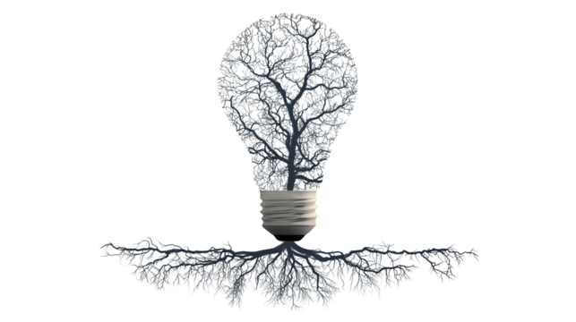 Vector silhouette of light bulb with branching roots and stem, filled style, concept of knowledge growth