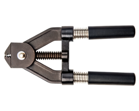 Small black plastic and metal hand clamp tool with screw mechanism on a transparent background