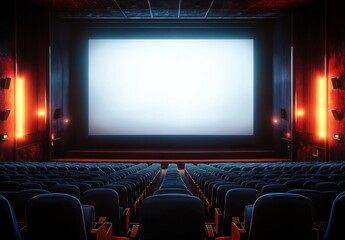 Fototapeta premium Empty movie theater with rows of blue seats facing a large bright blank screen under warm ambient lighting