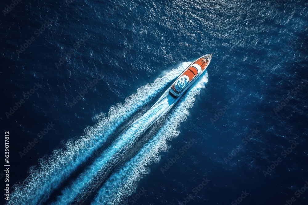 Poster aerial view of a speedboat creating white foamy trails as it moves swiftly through deep blue ocean w