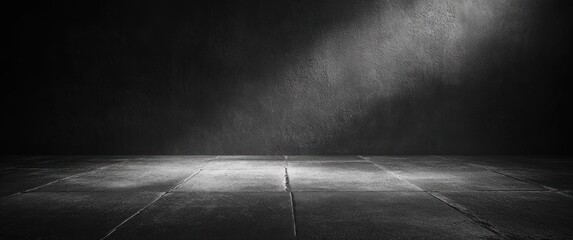 Empty dark room with a textured floor illuminated by a single beam of light from above, creating a mysterious and dramatic atmosphere