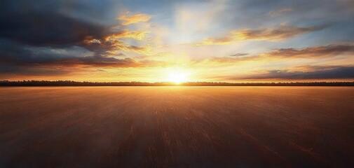 Wide view of a golden sunset over a vast open plain with dramatic cloudy sky and glowing sunlight on the horizon