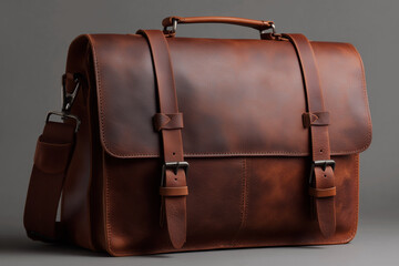 A brown leather briefcase with a strap and a silver zipper