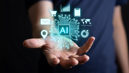 Hand holding artificial intelligence circuit with digital icons technology