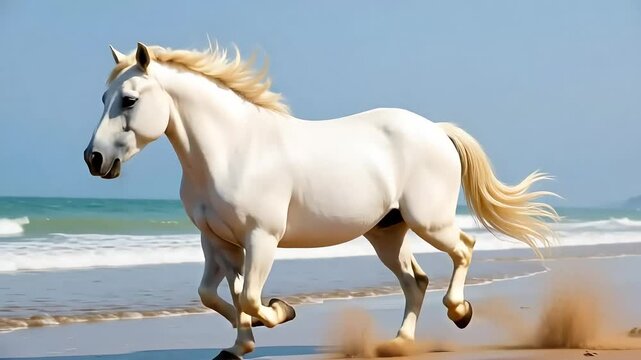 Majestic white horse gallops powerfully along a sun-drenched beach with ocean waves crashing