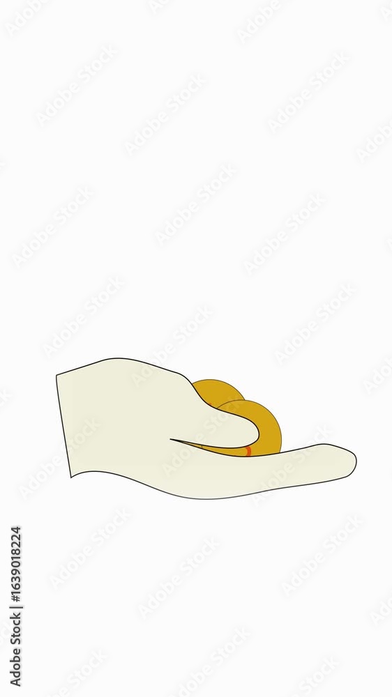 Poster animated coins falling into hand icon in smooth vertical video. vertical video of gold coins droppin