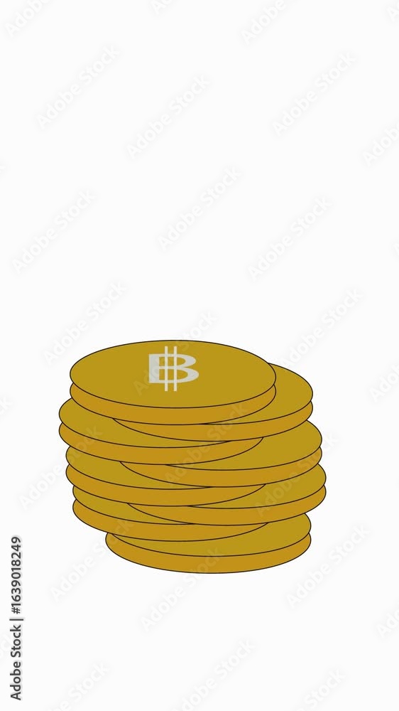 Poster smooth animation of golden coin piles increasing on white background vertical video. white backgroun