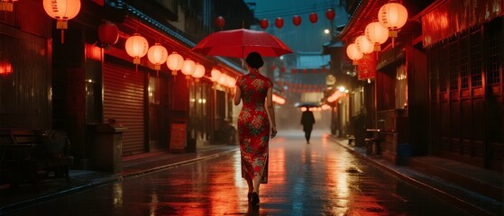 A woman in a traditional dress holding a red umbrella walks down a rain-slicked street lined with lanterns.