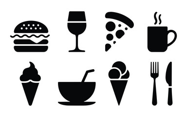 Minimal Black Food and Beverage Icon Collection &ndash; Flat Silhouettes, food, drink, beverage, burger, pizza, wine, coffee, mug, cup, icecream, cone, fork, knife, utensil, meal, snack, fastfood