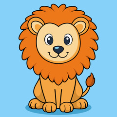 Obraz premium Cartoon Lion Sitting – Orange Mane, Light Tan Fur, Blue Background, Whimsical Animal Character with Friendly Expression
