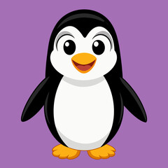 Obraz premium Cartoon Penguin Illustration – Smiling Expression, Orange Beak and Feet, Purple Background, Whimsical Animal Character