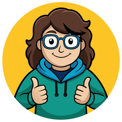 Cartoon Character Giving Thumbs Up &ndash; Brown Hair, Glasses, Green Hoodie, Yellow Circle Background, Whimsical Approval Symbol