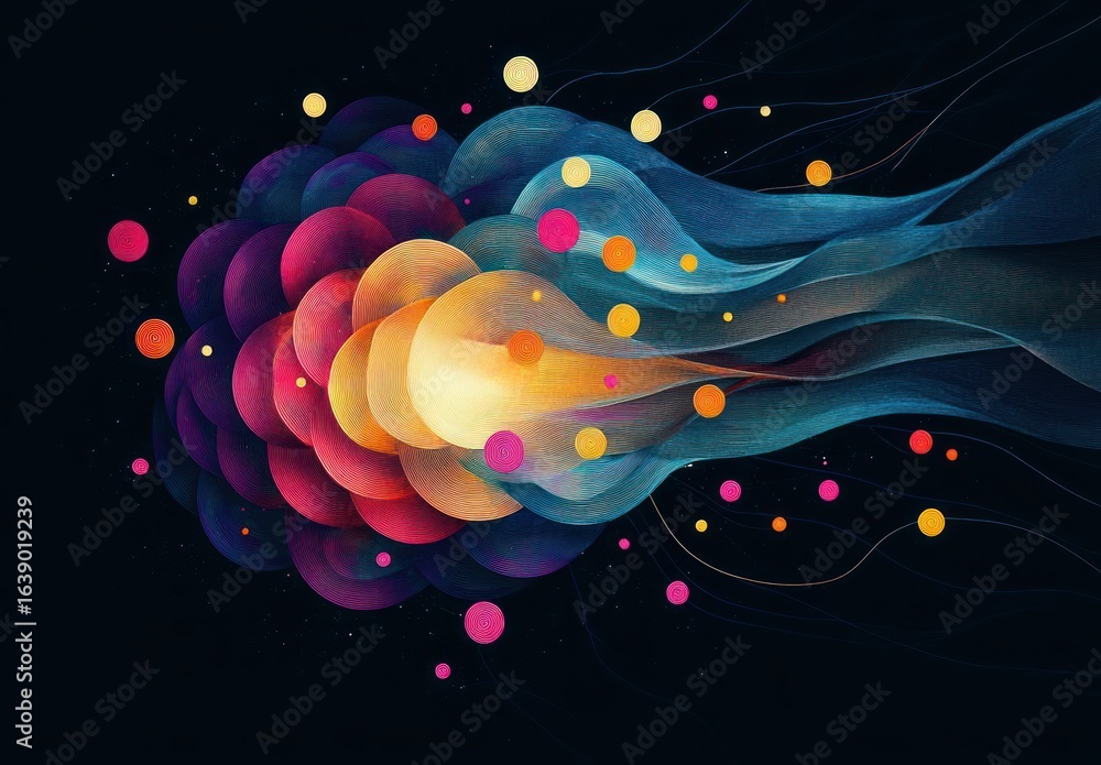 Poster abstract swirling colorful spheres and flowing waves on dark background creating a sense of motion a