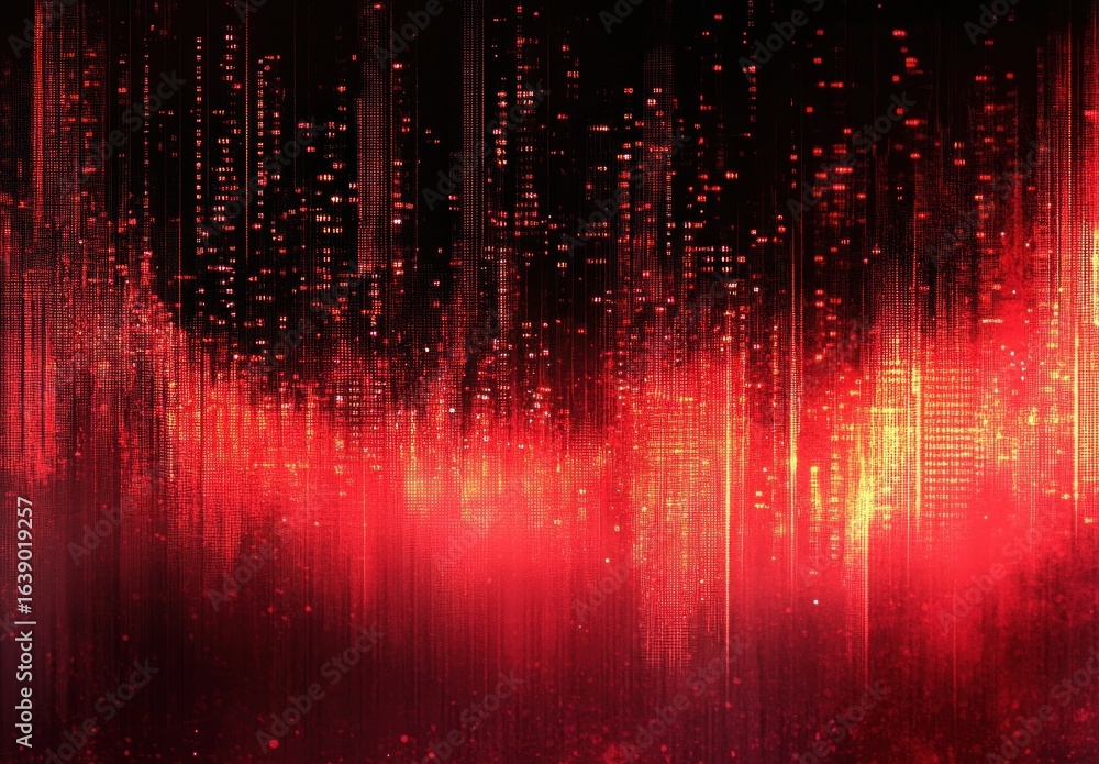 Poster abstract digital visualization with vertical glowing red and orange light streaks and scattered pixe