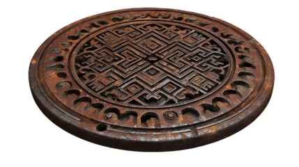 A rusted manhole cover with intricate geometric patterns, isolated on a Transparent background