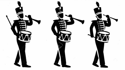 Three black and white silhouettes of marching band members with drums and horns in uniform formation