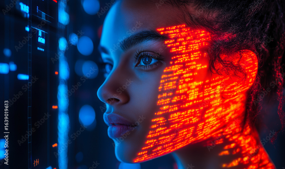 Poster close up of woman face illuminated by orange digital code projections representing technology intera
