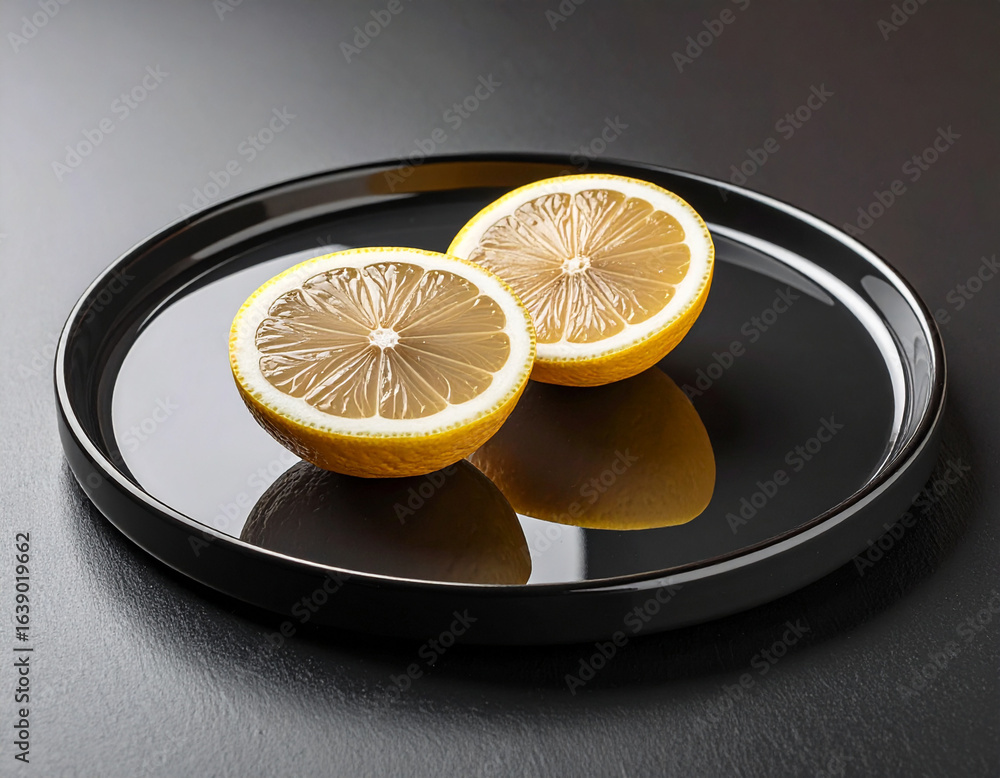 Poster two refreshing lemon halves displayed on a gleaming black round tray