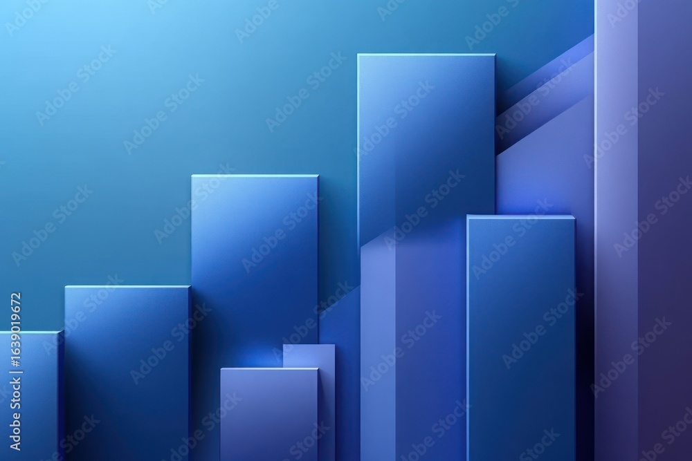 Poster abstract 3d blue bar chart with varying heights arranged unevenly casting soft shadows on a gradient