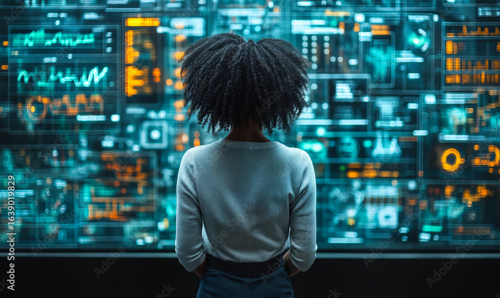 Poster businesswoman analyzing futuristic digital data dashboard with graphs and analytics in high tech con