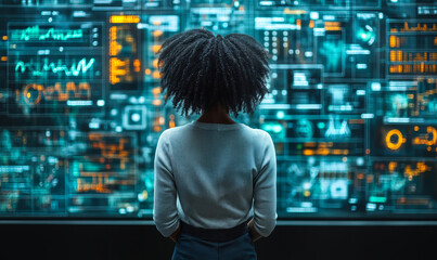 Businesswoman analyzing futuristic digital data dashboard with graphs and analytics in high tech control room