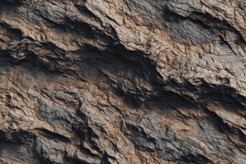 Close-up view of textured, rugged rock formations with variations in dark gray and light brown hues
