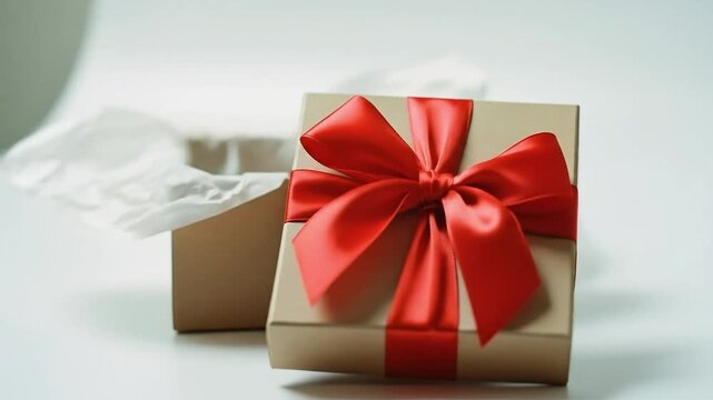 A festive gift box with a striking red ribbon bow is presented next to its open base, prepared for a joyful celebration.