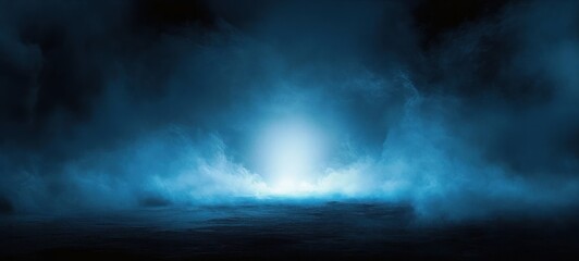 Mysterious blue fog spreading over dark ground with a bright glowing light source in the center creating an ethereal and haunting atmosphere