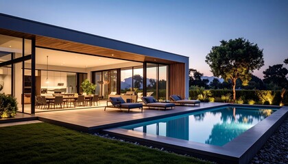 Fototapeta premium A modern glass-fronted house with an open-plan interior, outdoor pool, and lush lawn, set at dusk with warm lighting and serene surroundings.