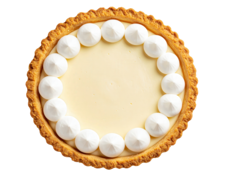 Whole round custard tart with a golden fluted crust and white meringue dollops.