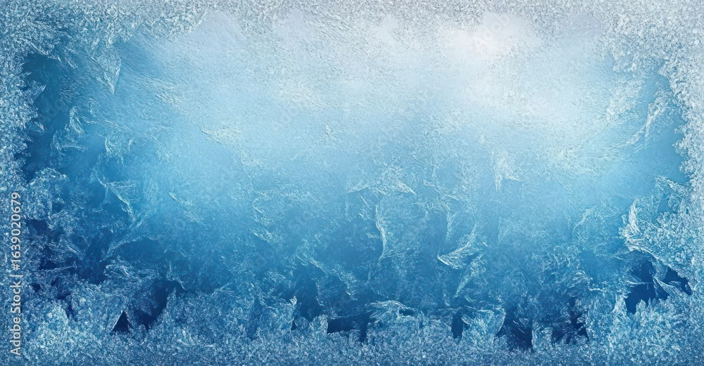 Poster close-up of intricate ice crystals and frost formations on a window with a gradient of blue shades c