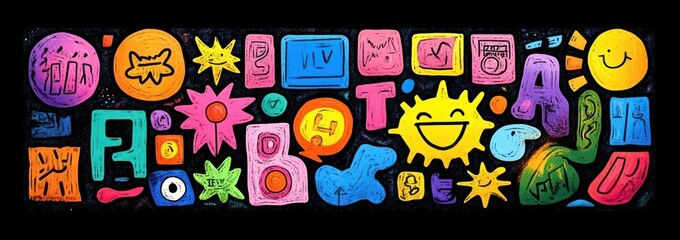 Fototapeta premium Colorful abstract doodles and shapes including smiling sun, flowers, stars, letters, and various symbols on black background creating cheerful and vibrant atmosphere