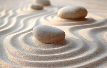 Close-up of smooth stones placed on carefully raked sand creating concentric circles conveying calmness and tranquility