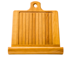 Wooden bread slicing board with crumb catcher tray on a transparent background