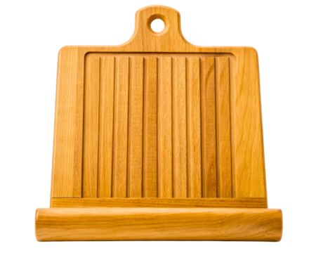 Wooden bread slicing board with crumb catcher tray on a transparent background